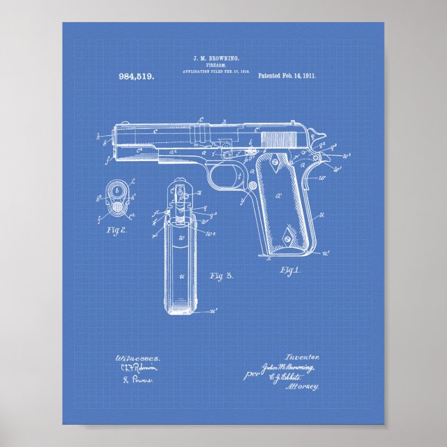 Póster Colt.45 1911 Patent Art - Blueprint (Frente)