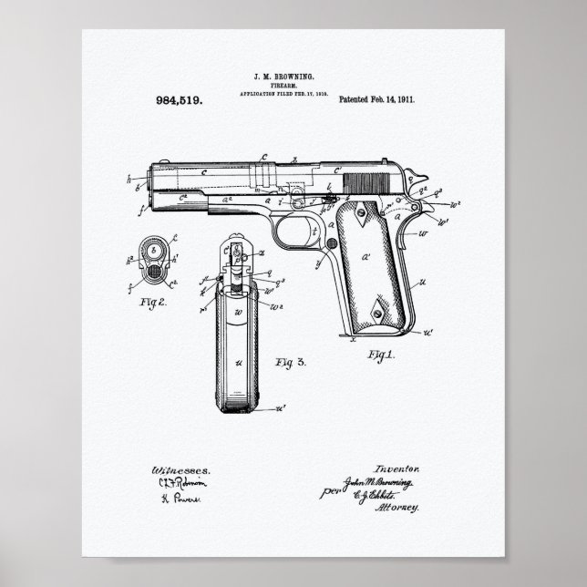 Póster Colt.45 1911 Patent Art - Libro Blanco (Frente)