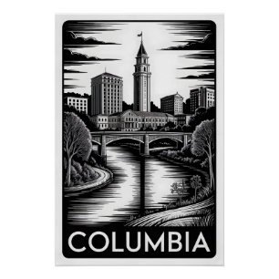 Póster Columbia Carolina del Sur Negro Blanco Grabado en 