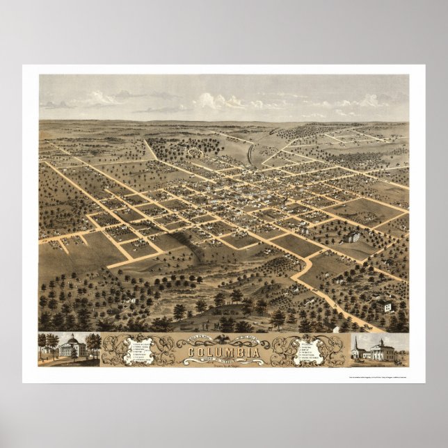 Póster Columbia, Mapa Panorámico MO - 1869 (Frente)