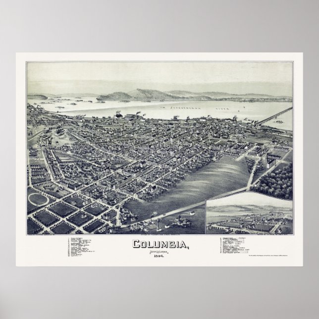 Póster Columbia, Mapa Panorámico PA - 1894 (Frente)