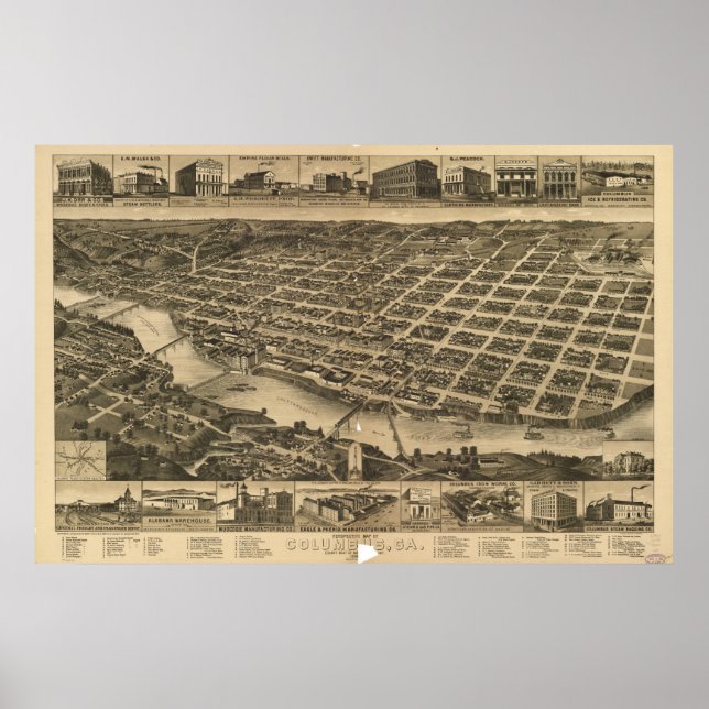 Póster Columbus Georgia 1886 Mapa Panorámico Antiguo (Frente)