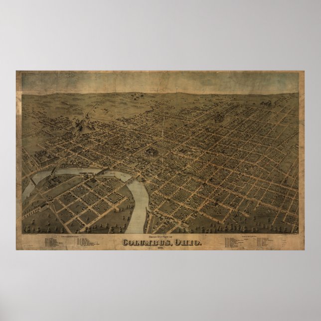 Póster Columbus Ohio 1872 Mapa Panorámico Antiguo (Frente)
