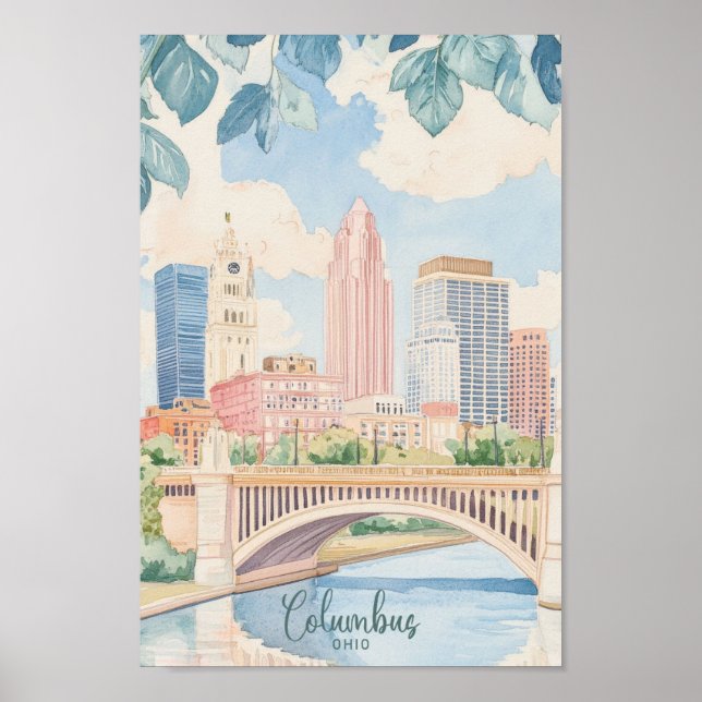 Póster Columbus Ohio Gouache Paint Ilustracion Travel (Frente)