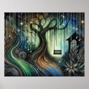 Póster Columpio de árbol encantado y luces brillantes por