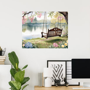 Póster Columpio junto al lago en un romántico jardín de a