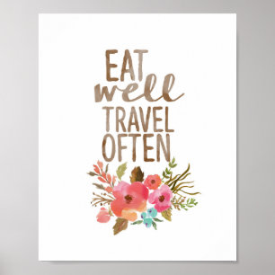 Póster Coma bien viajar a menudo  Floral acuarela