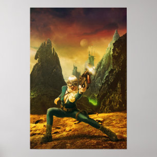 Póster Combatiente femenino de la ciencia ficción en el