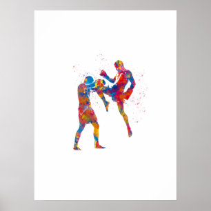 Póster Combatiente muay thai en acuarela