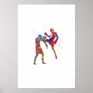 Póster Combatiente muay thai en acuarela