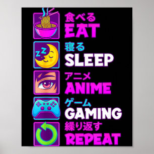 Póster Come Dormir Anime Juegos Repetir Kawaii Otaku Anim