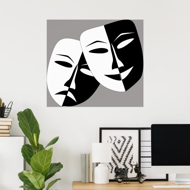 Póster Comedia y máscaras de teatro en blanco y negro (Oficina en casa)