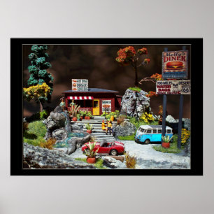 Póster Comensal retro, diorama miniatura del comensal del