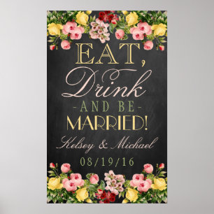 Póster ¡Comer, Beber y Casarse! Tiza Floral para Bodas