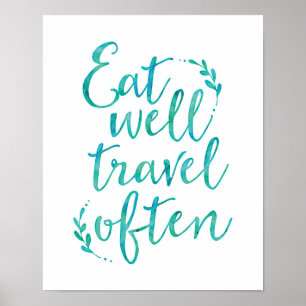Póster Comer bien viajar a menudo tipografía cita azul po