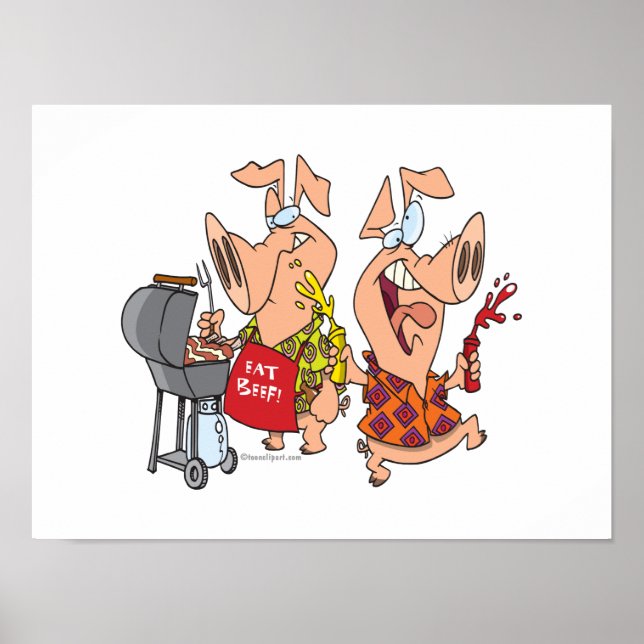 Póster comer carne de res divertida barbacoa cerdos de ba (Frente)
