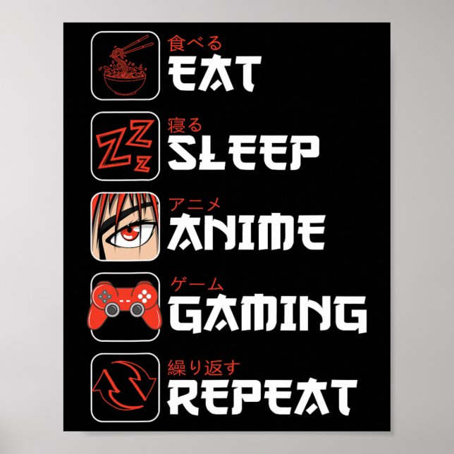 Póster Comer Sleep Anime Gaming Repetir Shirt Niños Adole (Frente)