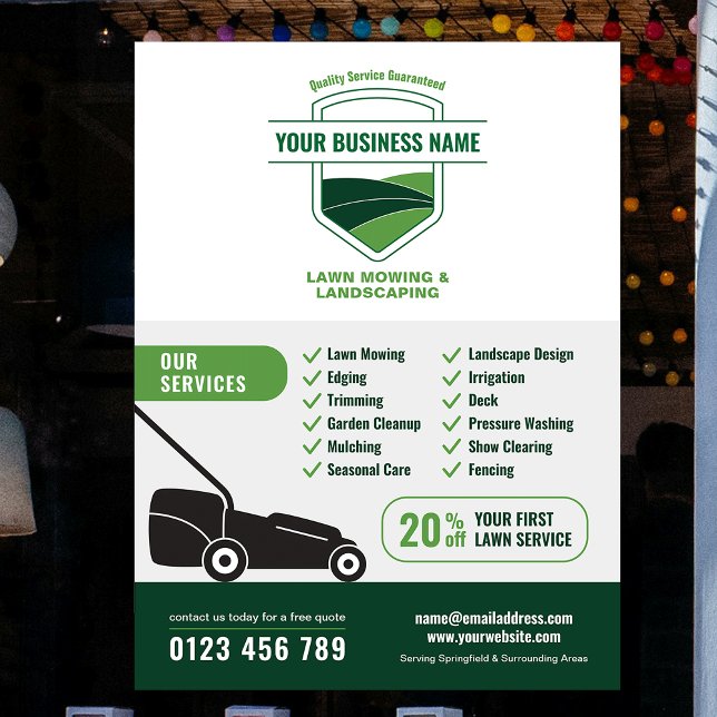 Póster Comercialización Moderna de Cortacésped para Jardi (Modern Landscaping Lawn Mowing Marketing Poster in white and green)