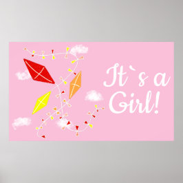 Póster Cometas en Sky Pink Es un Baby Shower Chica
