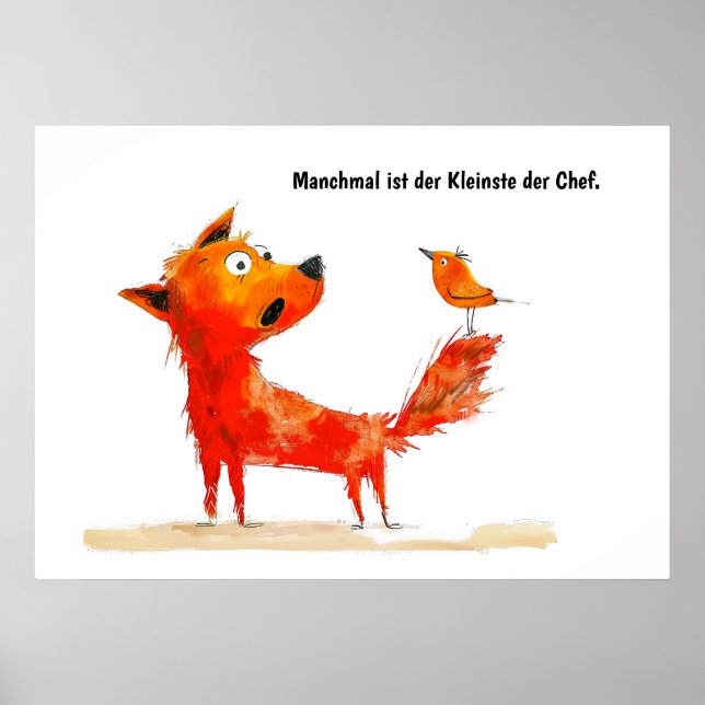 Póster Cómic acuarela Perro y pájaro en cola (Frente)