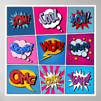 Póster Comic Bubbles Set. Expresiones Bom, Guay, Pow, Oop