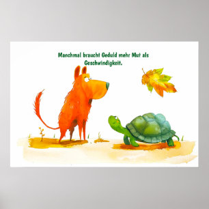 Póster Cómic de Acuarela Perro y Tortuga Galápagos Reunió