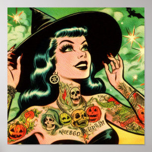 Póster Cómic de brujas retro tatuado