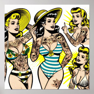 Póster Cómics de chicas pin-up con tatuajes en bikini