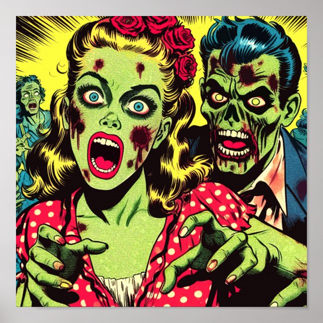 Póster Comics retro de parejas zombi (Frente)