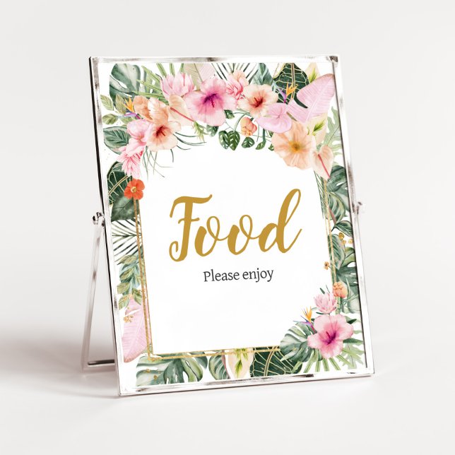 Póster Comida Aloha Tropical Floral (Girl Hawaiian Baby Shower Food Sign)