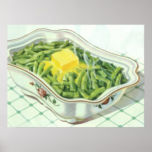 Póster Comida antigua, cazuela de judías verdes con mante
