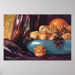 Póster Comida antigua, nueces y frutas en un tazón azul