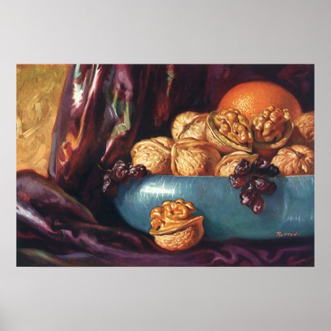Póster Comida antigua, nueces y frutas en un tazón azul (Frente)
