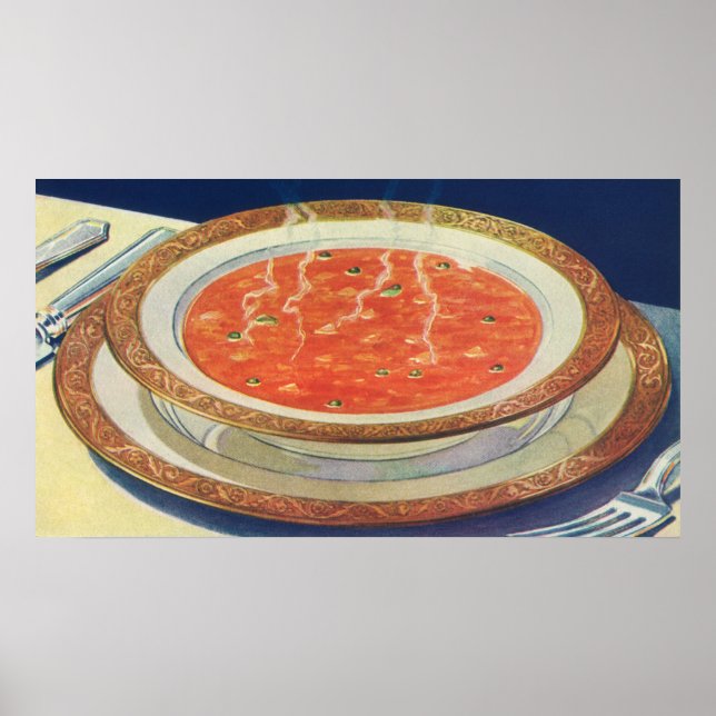 Póster Comida antigua, tazón caliente de sopa de tomate c (Frente)