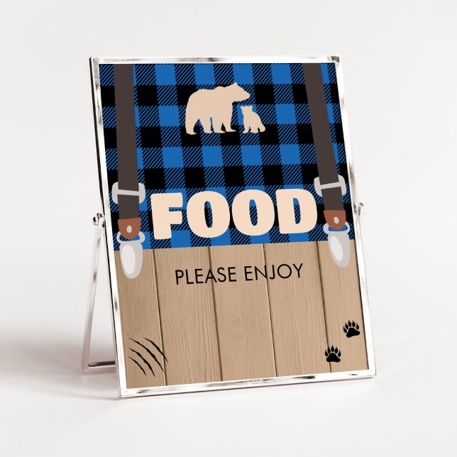 Póster Comida Baby Shower Blue Rust Plaid Lumberjack (Plaid Lumberjack Baby Shower Food Sign)
