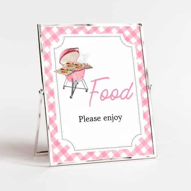 Póster Comida Baby Shower de barbacoa rosa Burger (Girl Backyard BBQ Baby Shower Food Sign)