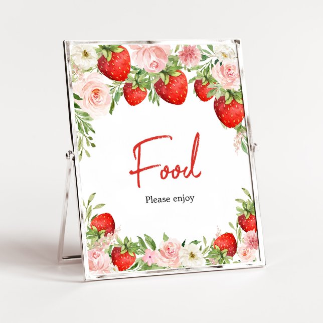 Póster Comida Baby Shower de fresa (Pink Floral Strawberry Baby Shower Food Sign)