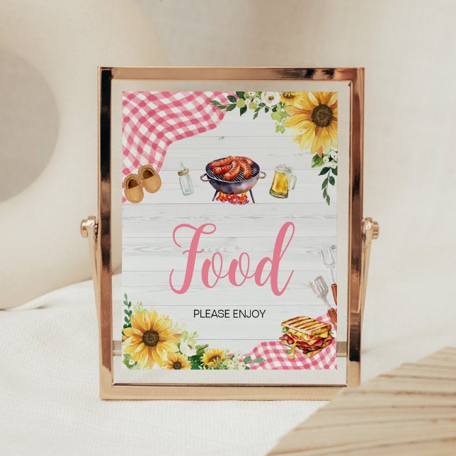 Póster Comida Baby Shower de girasol rosa (Baby- Q Backyard Baby Shower Food Sign)