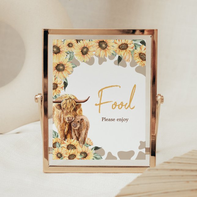 Póster Comida Baby Shower de la vaca del girasol Highland (Summer Holy Cow Baby Shower Food Sign)