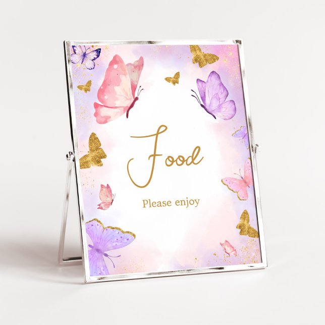 Póster Comida Baby Shower de mariposa morada de oro rosa (Boho Butterfly Baby Shower Food Sign)