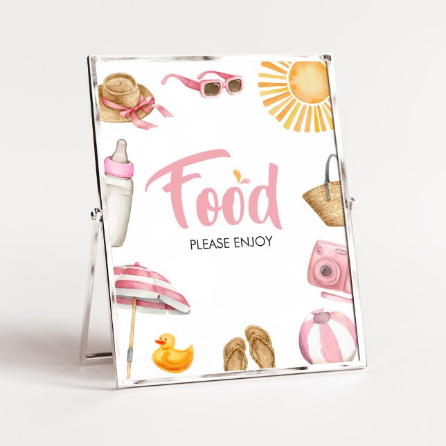 Póster Comida Baby Shower de pizca rosa Splish (Girl Summer Beach Baby Shower Food Sign)