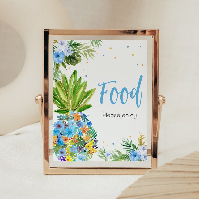 Póster Comida Baby Shower Floral Blue Pineapple (Blue Gold Pineapple Baby Shower Food Sign)