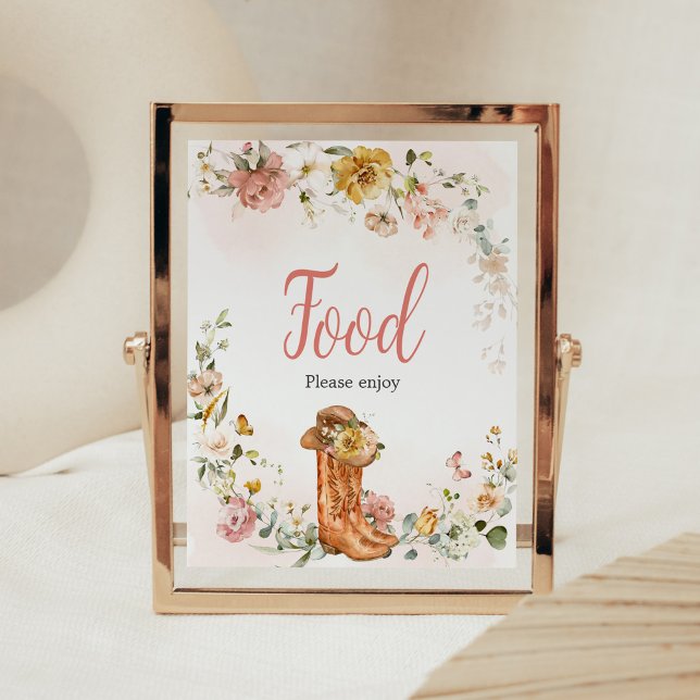 Póster Comida Baby Shower Floral Little Cowgirl (Cowgirl Wild West Baby Shower Food Sign)