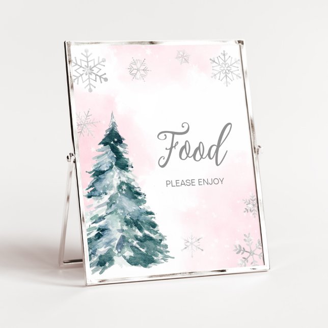 Póster Comida Baby Shower fría fuera del invierno rosa (Pink Silver Pine Tree Baby Shower Food Sign)