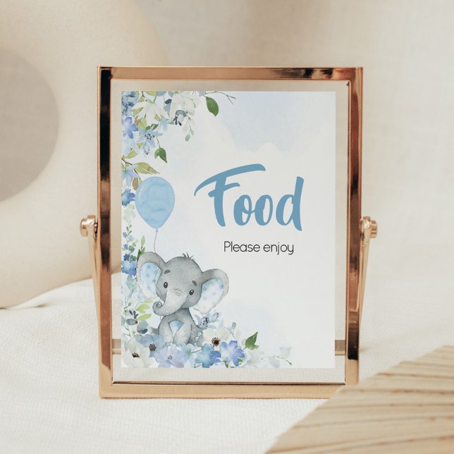 Póster Comida Baby Shower para elefantes de cacahuete azu (Blue Elephant Little Peanut Baby Shower Food Sign)