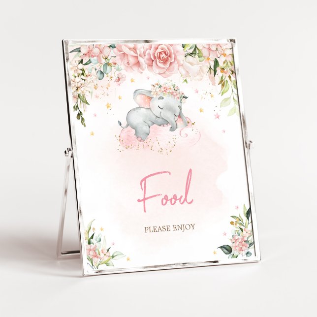 Póster Comida Baby Shower para elefantes florales rosas (Pink Floral Sleeping Elephant Baby Shower Food Sign)