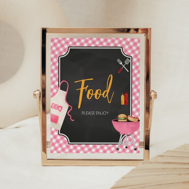 Póster Comida Baby Shower Pink Gingham BBQ (Girl Baby-Q Baby Shower Food Sign)
