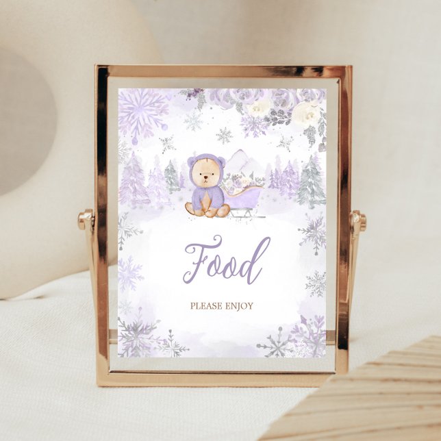Póster Comida Baby Shower Purple Winter Bear (Purple Teddy Bear Baby Shower Food Sign)