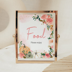 Póster Comida de Baby Shower de calabaza floral rosa otoñ