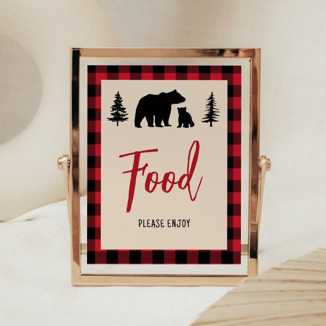 Póster Comida de Baby Shower de lumberjack para oseos de  (Bear Cub Plaid Lumberjack Baby Shower Food Sign)